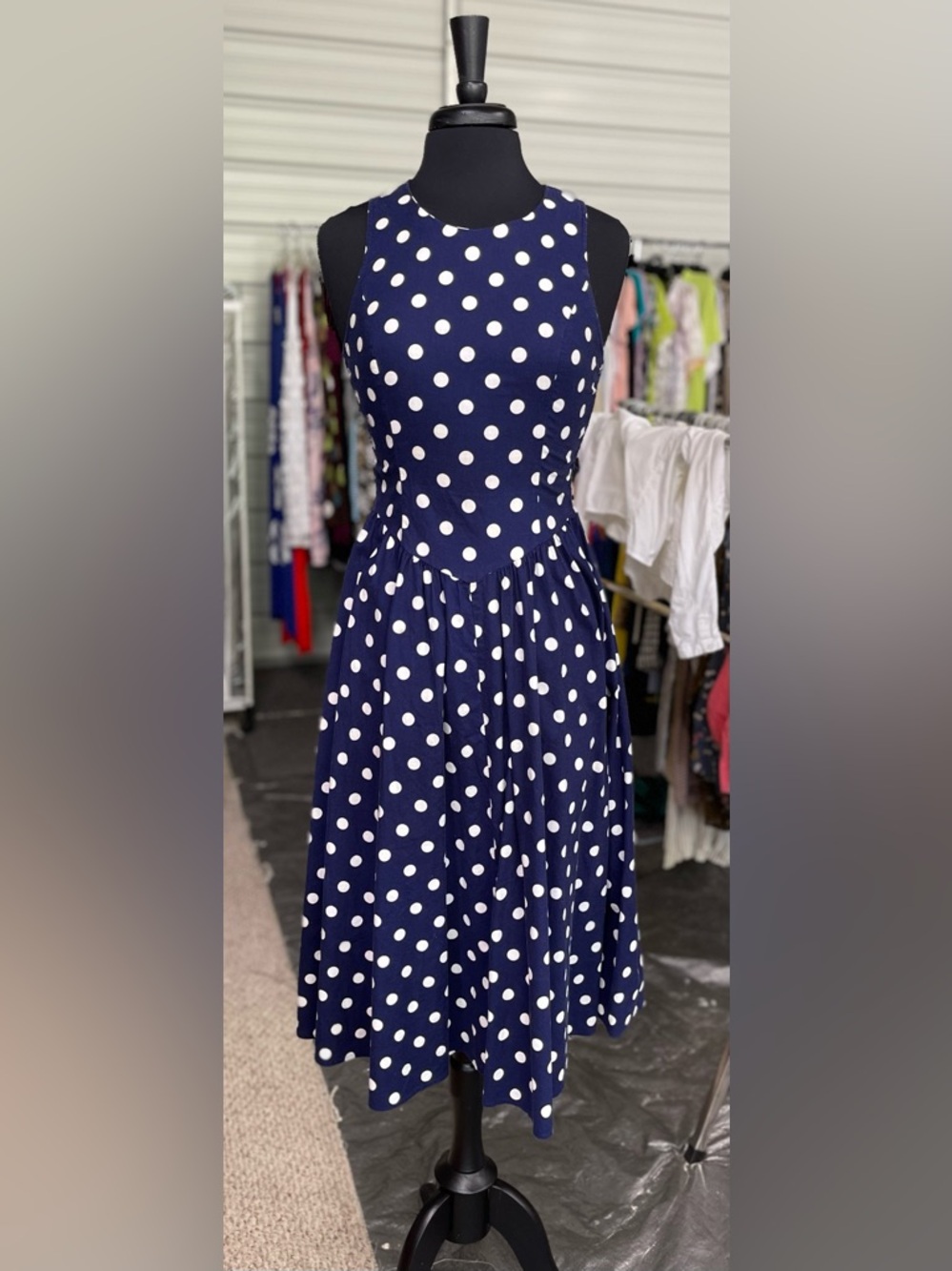 Vintage - Navy Blue Polka Dot Fit & Flare Dress